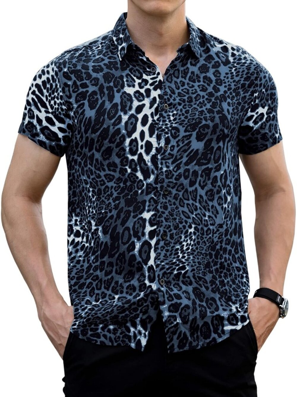 Men's Short Sleeve Button Down Shirt Leopard Snakeskin Print Summer Casual